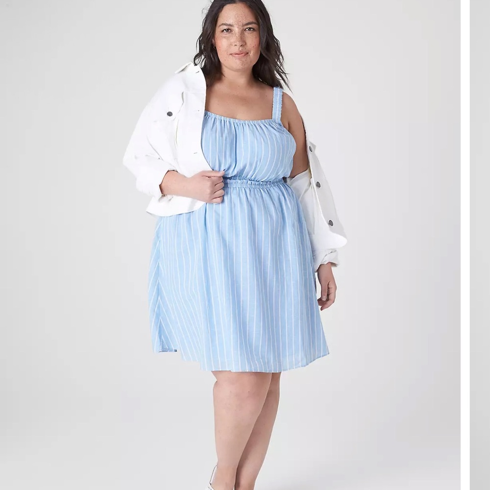 LANE BRYANT Linen Blend Dress Ruched Strap Double Elastic Waist Pockets
